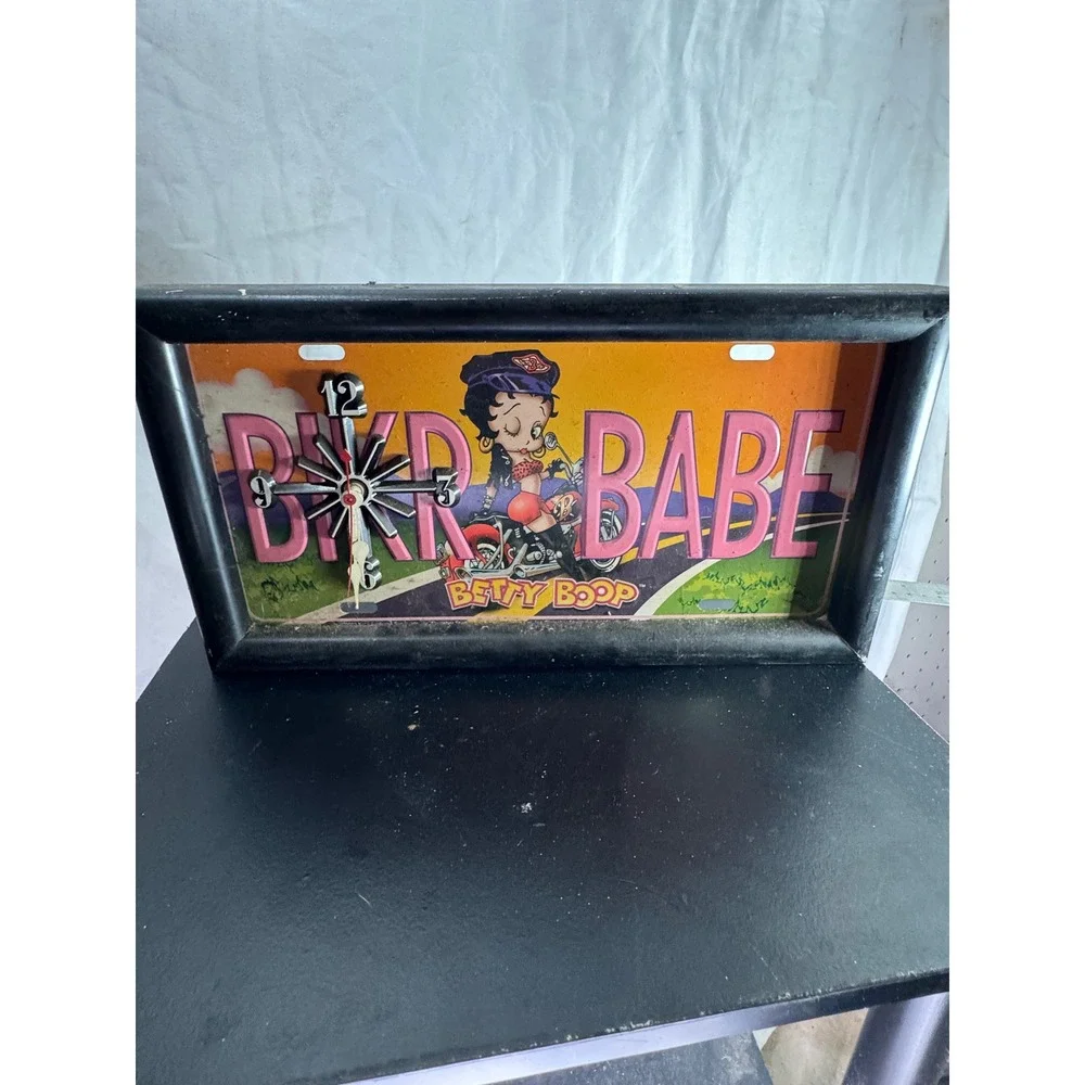 Betty Boop Biker Babe License Plate Wall Clock Retro Motorcycle DecorBlack Frame